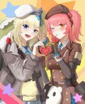  2girls absurdres ammunition_belt animal_bag ascot backpack bag beret blonde_hair blue_eyes blush bow breasts brown_headwear brown_jacket diagonal-striped_necktie fur-trimmed_jacket fur_trim girls&#039;_frontline girls&#039;_frontline_2:_exilium grey_jacket hair_bow hat heart heart_hands heart_hands_duo highres jacket little_bit_(544633426) looking_at_viewer medium_breasts medium_hair mp7_(girls&#039;_frontline) multiple_girls necktie one_eye_closed open_clothes open_jacket open_mouth orange_eyes pink_hair pouch side_ponytail smile striped_necktie v vepley_(girls&#039;_frontline_2) white_headwear 