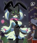  &lt;3 anthro big_breasts breasts bulge bunny_costume clothed clothing costume felid feline female fur generation_9_pokemon green_body green_fur hair hi_res human lets0020 male mammal meowscarada nintendo pokemon pokemon_(species) smile 