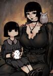  2girls age_difference animal animal_on_lap animal_on_shoulder ayaki_d belt black-framed_eyewear black_choker black_eyes black_lips black_nails blunt_bangs blush breasts child chinchilla_(animal) choker cleavage collarbone commentary curvy dress english_commentary glasses gothic grey_dress highres hime_cut large_breasts long_dress long_hair looking_at_viewer mixed-language_commentary multiple_belts multiple_girls nail_polish on_lap original pale_skin plunging_neckline round_eyewear short_hair siblings sisters sitting sylense_(ayaki) twitter_username watermark 