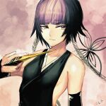  1girl bangs bare_shoulders black_hair black_kimono black_sleeves bleach blunt_bangs breasts claw_ring collarbone detached_sleeves highres japanese_clothes kimono long_hair looking_to_the_side nyakkunn parted_lips purple_eyes sideless_outfit simple_background sketch sleeves_past_wrists small_breasts solo sui-feng suzumebachi_(shikai) twintails 