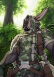  2021 anthro belt black_body camo camo_clothing camo_print camo_topwear clothing detailed_background digital_media_(artwork) forest hair half-length_portrait hi_res jungle longblueclaw male muscular muscular_male outside pattern_clothing pattern_topwear plant portrait solo tactical_gear topwear tree white_hair 