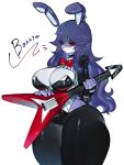  anthro blue_body blue_fur blue_hair bonnie_(fnaf) bottomwear bow_ribbon breasts clothing denim denim_clothing ear_piercing ear_ring electric_guitar female five_nights_at_freddy&#039;s fur guitar hair hi_res jeans lagomorph leotard leporid looking_at_viewer mammal musical_instrument pants piercing plucked_string_instrument rabbit red_eyes ring_piercing scottgames solo string_instrument togetoge 