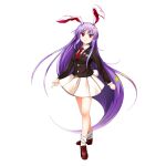 1girl animal_ears black_jacket blazer brown_footwear closed_mouth collared_shirt crescent crescent_pin full_body game_cg highres imperishable_night jacket long_hair long_sleeves looking_at_viewer necktie pleated_skirt purple_hair rabbit_ears rabbit_girl rabbit_tail red_eyes red_necktie reisen_udongein_inaba rotte_(1109) shirt simple_background skirt smile socks solo tail third-party_source touhou touhou_lost_word very_long_hair white_background white_shirt white_skirt white_socks 