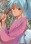  1girl back_bow blue_hair botan_(yu_yu_hakusho) bow brown_eyes closed_mouth floral_background holding japanese_clothes kimono long_hair looking_at_viewer mabca oar ponytail solo yu_yu_hakusho 