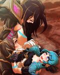  2girls black_bodysuit black_bow black_hair blush bodysuit bow breasts dress drill_hair female_pubic_hair gloves green_hair grey_bodysuit gwen_(league_of_legends) hair_bow holding_hands inverted_nipples kai&#039;sa khartemis large_breasts league_of_legends long_hair looking_at_another lower_teeth_only multiple_girls nipples pubic_hair purple_gloves shiny_skin smile teeth tongue torn_bodysuit torn_clothes tribadism twin_drills twintails yuri 