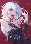  1girl :d antenna_hair arm_belt bare_shoulders belt black_belt blood blood_on_arm blood_on_face blood_on_hands blood_on_tongue blood_splatter breasts briar_(league_of_legends) colored_sclera detached_sleeves fingernails grey_eyes hair_between_eyes hand_up highres large_breasts league_of_legends long_hair looking_at_viewer medium_breasts multicolored_hair neorarty open_mouth pink_hair pointy_ears red_background red_sclera sharp_fingernails sharp_teeth simple_background smile solo streaked_hair teeth tongue tongue_out two-tone_hair upper_body upper_teeth_only vampire white_nails wrist_cuffs 
