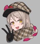  1girl :d black_gloves braid fire_emblem fire_emblem_engage framme_(fire_emblem) gloves grey_hair hat highres looking_at_viewer open_mouth plaid plaid_headwear plaid_scarf scarf single_braid smile solo upper_body w yellow_eyes zuzu_(ywpd8853) 