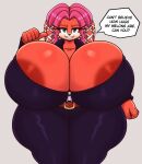  anthro archie_comics areola big_breasts blue_eyes breasts cleavage cleavage_overflow clothed clothing echidna english_text female gesture hair hi_res huge_breasts huge_hips huge_thighs hyper hyper_breasts lien-da looking_at_viewer mammal matospectoru monotreme pink_hair pointing pointing_at_self question_mark red_areola red_body sega skinsuit smile solo sonic_the_hedgehog_(archie) sonic_the_hedgehog_(comics) sonic_the_hedgehog_(series) speech_bubble text thick_thighs tight_clothing wide_hips zipper 