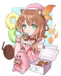  +_+ 1girl :t ainouyu animal_ears ayunda_risu ayunda_risu_(1st_costume) beret blush brown_hair chewing commentary detached_sleeves doughnut eating food food_on_face green_eyes hair_ornament hairclip hat highres hololive hololive_indonesia long_hair low_twintails pink_headwear solo squirrel_ears twintails virtual_youtuber 