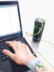  can commentary_request computer fingernails highres intravenous_drip laptop monster_energy original out_of_frame signature simple_background soda soda_can typing utsusemi_rari white_background 
