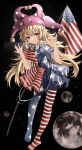  1girl absurdres american_flag american_flag_dress american_flag_legwear blonde_hair blush clownpiece dress fairy fairy_wings full_body grin hat highres jester_cap long_hair ougiikun pantyhose polka_dot polka_dot_headwear purple_headwear red_eyes short_sleeves smile solo star_(symbol) star_print striped striped_dress striped_pantyhose touhou wings 