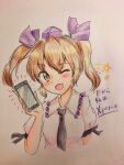  1girl cellphone english_text graphite_(medium) hat holding holding_phone looking_at_viewer medium_hair necktie one-hour_drawing_challenge one_eye_closed open_mouth orya_422 phone purple_headwear smartphone smile solo star_(symbol) tokin_hat touhou traditional_media twintails white_background 