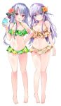  2girls :d arm_at_side arm_hug asahina_yori bare_arms bare_shoulders barefoot bikini blue_eyes blue_hair blush braid breasts cleavage closed_mouth collarbone commentary_request crown_braid curvy eyelashes eyes_visible_through_hair feet flower food frilled_bikini frills green_bikini hair_between_eyes hair_flower hair_ornament hand_up highres holding holding_food holding_ice_cream ice_cream large_breasts long_hair looking_at_viewer multiple_girls navel open_mouth orange_bikini orange_flower purple_hair red_eyes red_flower siblings sidelocks simple_background sisters smile sorakado_ai sorakado_ao standing stomach straight-on summer_pockets swimsuit thighs toes twintails very_long_hair white_background 