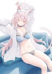  1girl akira_(blue_archive) animal_ear_fluff animal_ears blue_archive blue_bra blue_panties bra breasts cat_tail cirilla_lin halo highres long_hair looking_at_viewer medium_breasts open_clothes open_shirt panties pink_hair red_eyes shirt solo tail thighs underwear white_hair white_shirt 