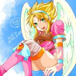  1girl angel_wings armor blonde_hair boots breath_of_fire breath_of_fire_i dated feathered_wings gloves green_eyes hairband hanaba_komao knee_boots leotard looking_at_viewer nina_(breath_of_fire_i) short_hair smile solo thighhighs twitter_username white_wings wings 