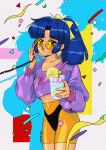  1980s_(style) 1girl 2022 artist_name bendy_straw black_panties blue_eyes blue_hair bow cable collarbone cropped_sweater cup drinking_glass drinking_straw earrings english_commentary food fruit hair_behind_ear hair_bow highres holding holding_cup holding_phone ice ice_cube jewelry lemon lemon_slice looking_at_viewer mizucat open_mouth orange_shorts original panties parted_bangs phone ponytail purple_sweater retro_artstyle round_eyewear shorts smile solo sweater triangle_earrings underwear yellow_bow 