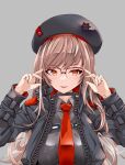  1girl adjusting_eyewear beret black_choker black_headwear black_jacket black_shirt choker collared_shirt glasses goddess_of_victory:_nikke grey_background grin hanchou_(shirokun555) hat highres jacket light_blush light_brown_hair long_hair necktie open_clothes open_jacket orange_eyes parted_lips rapi_(nikke) red_necktie shirt simple_background smile solo upper_body zipper 