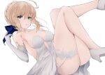  1girl ahoge artoria_pendragon_(fate) artoria_pendragon_(lancer)_(fate) bare_shoulders blonde_hair blue_ribbon breasts collarbone commission dress elbow_gloves english_commentary fate/grand_order fate_(series) garter_belt gloves green_eyes hair_ribbon hand_up high_heels highres looking_at_viewer medium_breasts parted_lips pixiv_commission ribbon short_hair simple_background solo spice_(spicezzumi) thighs wedding_dress white_background white_dress white_footwear white_gloves 