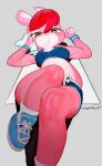  anthro bottomwear bra clothing female footwear fur gym_bottomwear gym_clothing gym_shorts lagomorph leporid looking_at_viewer lying mammal pink_body pink_fur rabbit shoes shorts simple_background sneakers solo sports_bra stealthnachos thick_thighs underwear 