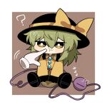  1girl :3 ? black_footwear border brown_background chibi heart highres komeiji_koishi light_green_hair motion_lines on_floor poking sitting solo sweater third_eye touhou white_border yellow_sweater zunusama zzz 