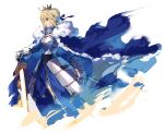  1girl absurdres armor armored_dress artoria_pendragon_(fate) blonde_hair blue_cape blue_dress blue_ribbon braid breastplate cape closed_mouth commentary crown dress fate/grand_order fate/stay_night fate_(series) french_braid fur-trimmed_cape fur_trim gauntlets green_eyes hair_ribbon highres holding holding_sword holding_weapon kamonegi_(meisou1998) plackart profile ribbon saber short_hair solo sword weapon white_background 