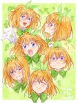  1girl :i ^_^ angry blush bow character_name closed_eyes closed_mouth clover commentary_request crying crying_with_eyes_open double-parted_bangs expressionless eyelashes facing_viewer floating_hair four-leaf_clover furrowed_brow go-toubun_no_hanayome green_background green_bow green_ribbon hair_between_eyes hair_ribbon half-closed_eyes happy highres looking_at_viewer medium_hair multiple_views nakano_yotsuba open_mouth orange_hair plaid plaid_bow pout profile ribbon sad shirt simple_background smile smug solo surprised sweater_vest tears teeth twitter_username upper_teeth_only v-shaped_eyebrows white_shirt wide-eyed yellow_sweater_vest yu_(flowerbird3830) 