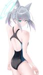  1girl absurdres animal_ear_fluff animal_ears black_one-piece_swimsuit blue_archive blue_eyes breasts competition_swimsuit cross_hair_ornament extra_ears from_behind grey_hair hair_ornament halo highres looking_back low_ponytail medium_hair mismatched_pupils multicolored_clothes multicolored_swimsuit nigori_(keydoor) official_alternate_costume one-piece_swimsuit shiroko_(blue_archive) shiroko_(swimsuit)_(blue_archive) simple_background small_breasts solo swimsuit white_background wolf_ears 