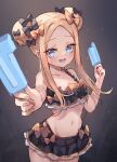  1girl abigail_williams_(emerald_float)_(fate) abigail_williams_(fate) bare_shoulders bikini black_bikini black_bow black_skirt blonde_hair blue_eyes blush bow breasts collarbone double_bun double_popsicle fate/grand_order fate_(series) food forehead frilled_bikini frills hair_bow hair_bun highres holding holding_food holding_popsicle long_hair looking_at_viewer microskirt miya_(miyaruta) multiple_hair_bows navel open_mouth orange_bow outstretched_arm parted_bangs popsicle skirt small_breasts smile solo sparkle swimsuit thighs unequal_popsicle_division 