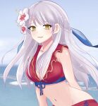  1girl absurdres bare_shoulders bikini blue_background breasts cleavage collarbone fire_emblem fire_emblem:_radiant_dawn fire_emblem_heroes flower grey_hair hair_flower hair_ornament hair_ribbon highres long_hair looking_at_viewer medium_breasts micaiah_(fire_emblem) micaiah_(summer)_(fire_emblem) n_54 navel ocean official_alternate_costume red_bikini ribbon smile solo swimsuit yellow_eyes 