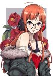  1girl :p absurdres ahoge bare_shoulders behind-the-head_headphones blunt_bangs border collarbone flower fur-trimmed_jacket fur_trim glasses green_jacket headphones hibiscus highres ito_(daisukidanchi) jacket leaf long_hair looking_at_viewer off-shoulder_shirt off_shoulder orange_hair persona persona_5 purple_eyes red_flower sakura_futaba shirt solo tongue tongue_out upper_body white_border 