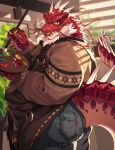  absurd_res anthro apron beard big_butt bottomwear butt clothing denim denim_clothing dragon facial_hair hi_res horn itzamna jeans lifewonders male mature_male overweight painter painting pants red_body red_scales scales solo sweater tokyo_afterschool_summoners topwear yedsilent 