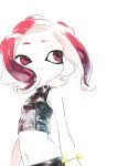  1girl agent_8_(splatoon) breasts closed_mouth frown groin highres medium_hair navel octoling octoling_girl red_eyes red_hair simple_background small_breasts solo splatoon_(series) splatoon_2 splatoon_2:_octo_expansion split_mouth suction_cups tenshinhannnn tentacle_hair white_background zipper 