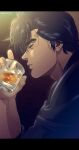  1boy absurdres adam&#039;s_apple alcohol black_jacket brown_background city_hunter closed_eyes cup drink from_side highres holding holding_cup holding_drink ice ice_cube jacket light_particles loose_hair_strand male_focus parted_lips saeba_ryou short_hair sidelocks solo twitter_username yuu_(masarunomori) 