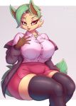  2023 anthro big_breasts blep bottomwear breasts clothed clothing colored complextree digital_media_(artwork) eeveelution english_text female generation_4_pokemon hi_res huge_breasts leafeon legwear looking_at_viewer nintendo pokemon pokemon_(species) shirt signature skirt solo squish text thick_thighs thigh_highs thigh_squish tongue tongue_out topwear wide_hips 