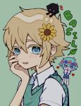  0tz026 3boys basil_(faraway)_(omori) basil_(headspace)_(omori) blonde_hair blue_eyes blue_overalls blush character_name collared_shirt colored_skin flower green_eyes green_hair green_shirt green_sweater_vest hair_flower hair_ornament head_wreath highres leaf looking_at_viewer multiple_boys omori open_mouth overalls shirt short_hair short_sleeves smile stranger_(omori) sunflower sweater_vest white_shirt white_skin 