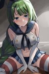  1boy 1girl aqua_bow aqua_bowtie black_neckerchief black_panties blue_eyes blue_sailor_collar blue_skirt bow bowtie braid breasts cosplay eckert&amp;eich elbow_gloves girl_on_top gloves green_hair highleg highleg_panties highres kantai_collection large_breasts long_hair microskirt mole mole_under_mouth neckerchief one-hour_drawing_challenge open_door panties sailor_collar shimakaze_(kancolle) shimakaze_(kancolle)_(cosplay) single_braid sitting skirt striped striped_thighhighs thighhighs underwear very_long_hair white_gloves yuugumo_(kancolle) 