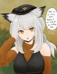  1girl alternate_costume arknights bare_shoulders beret black_headwear black_vest bright_pupils brown_sweater clothing_cutout dokonjou_(odossan) english_text grey_hair hat highres long_hair looking_at_viewer open_mouth orange_eyes owl_ears ptilopsis_(arknights) ribbed_sweater shoulder_cutout solo speech_bubble sweater upper_body vest white_pupils 