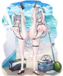  2girls adapted_costume alternate_costume animal_ear_fluff animal_ears ass bag beach black_choker black_one-piece_swimsuit blue_archive blue_eyes blue_halo blurry_edges breasts choker clothing_cutout collarbone commentary competition_swimsuit cross_hair_ornament dark_halo earrings extra_ears feet fishing_rod food fruit full_body grey_hair hair_ornament halo highres horizon jewelry kneepits large_breasts legs lichiko long_hair looking_at_viewer medium_breasts medium_hair mismatched_pupils multiple_girls nail_polish navel nipples ocean one-piece_swimsuit outdoors partially_visible_vulva pussy sandals shiroko_(blue_archive) shiroko_(swimsuit)_(blue_archive) shiroko_terror_(blue_archive) simple_bird split standing standing_on_one_leg standing_split stomach stomach_cutout surfboard swimsuit thigh_strap toenail_polish toenails toes underboob very_long_hair watermelon wolf_ears 