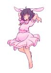  1girl :d arms_up bare_legs barefoot black_hair carrot_necklace commentary_request dress flat_chest full_body happy inaba_tewi jewelry necklace open_mouth petite pink_dress rangycrow short_hair simple_background smile solo touhou white_background 