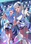  2girls ahoge animal_ears aqua_bow aqua_bowtie aqua_hair bare_legs black_footwear blue_hair blue_headwear blue_nails blue_ribbon blue_shorts blurry blurry_background blurry_foreground bow bowtie breasts collared_dress colored_inner_hair crossed_bangs depth_of_field dress feet_out_of_frame flower foot_out_of_frame frilled_dress frills grey_eyes grey_hair grey_nails hair_between_eyes hair_flower hair_ornament hair_ribbon heart heart_ahoge highres hololive hololive_idol_uniform_(bright) idol_clothes jacket large_breasts legs lion_ears locked_arms long_hair long_sleeves medium_breasts multicolored_hair multiple_girls nail_polish official_alternate_costume open_mouth outstretched_arm pink_bow pointy_ears ribbon shadow shishiro_botan short_shorts short_sleeves shorts shorts_under_dress stage_lights standing standing_on_one_leg star_(symbol) striped striped_bow teeth thigh_strap tile_floor tiles tilted_headwear torjun_111 two-tone_headwear upper_teeth_only virtual_youtuber white_bow white_headwear white_jacket yellow_eyes yukihana_lamy 