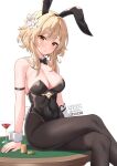  1girl animal_ears ardenlolo arm_strap bare_shoulders black_hairband black_leotard black_pantyhose blonde_hair bow bowtie breasts cleavage cocktail_glass coin covered_navel crossed_legs cup detached_collar drinking_glass fake_animal_ears fake_tail flower genshin_impact gold_trim hair_flower hair_ornament hairband highleg highleg_leotard leotard lumine_(genshin_impact) medium_breasts orange_eyes pantyhose parted_lips playboy_bunny rabbit_ears rabbit_tail short_hair_with_long_locks sidelocks sitting solo strapless strapless_leotard tail thighs wrist_cuffs 