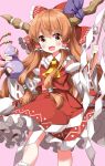  1girl ascot bow cosplay detached_sleeves fang frilled_hair_tubes frilled_skirt frills gohei hair_bow hair_tubes hakurei_reimu hakurei_reimu_(cosplay) highres holding holding_gohei holding_gourd horns ibuki_suika long_hair midriff_peek oni_horns open_mouth orange_hair red_skirt red_vest ruu_(tksymkw) sidelocks skirt solo touhou very_long_hair vest wide_sleeves yellow_ascot 
