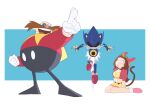  1boy 1girl 1other brown_hair closed_mouth dr._eggman english_commentary highres kneeling long_hair metal_sonic midriff open_mouth pointing rectangle red_pupils rizwan_rafiq robot sara_(sonic) signature simple_background sonic_(series) sonic_the_hedgehog_(ova) surprised tail white_background 