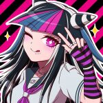  1girl ;q artist_name black_background black_hair black_nails black_sailor_collar danganronpa_(series) danganronpa_2:_goodbye_despair fingerless_gloves gloves green_hair hand_up highres jewelry long_hair mioda_ibuki mouth_piercing multicolored_hair nail_polish neckerchief one_eye_closed pink_background pink_eyes pink_hair pink_neckerchief ring sailor_collar shirt solo suiren_yurei tongue tongue_out w white_hair white_shirt 