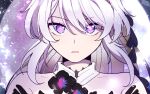  +_+ 1girl 5rwpvc bare_shoulders black_flower blue_eyes collar collarbone detached_collar flower hair_between_eyes honkai_(series) honkai_impact_3rd kiana_kaslana kiana_kaslana_(herrscher_of_finality) looking_at_viewer parted_lips solo upper_body white_collar white_hair 