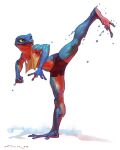  2023 action_pose amphibian anthro athletic athletic_anthro athletic_male bottomwear clothing crop_top digital_media_(artwork) eyebrows feet frog hi_res male open_mouth open_smile pose shirt shorts simple_background smile solo taran_fiddler tongue topwear torn_clothing torn_topwear werefrog wet white_background 