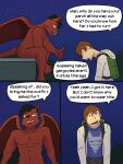  anthro backpack clothed clothing comic dialogue duo english_text fully_clothed fully_clothed_human fuze gargoyle hi_res hoodie human male mammal membrane_(anatomy) membranous_wings night nude nude_anthro outside shirt sitting_on_wall text topwear wings 