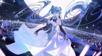  1girl absurdres black_gloves blue_hair breasts cleavage cleavage_cutout closed_eyes closed_mouth clothing_cutout dress elbow_gloves floating_hair gloves hair_between_eyes hatsune_miku highres long_hair miku_symphony_(vocaloid) sleeveless sleeveless_dress solo standing twintails user_knje2344 very_long_hair vocaloid white_dress 