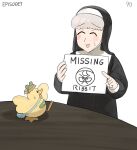 1girl ^_^ bag bandaid bird bottle_cap closed_eyes diva_(hyxpk) duck duckling freckles frog_headband habit highres holding holding_paper numbered nun original paper poster_(object) sheep_nun_(diva) simple_background table white_background 