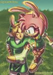  2023 absurd_res amy_rose anthro blue_eyes boots carrying_another clothing crossover duo elf eulipotyphlan eye_contact fake_ears fake_rabbit_ears female footwear gloves grass green_eyes greenstarforce handwear hedgehog hi_res humanoid humanoid_pointy_ears hylian link looking_at_another male mammal nintendo plant sega signature sonic_the_hedgehog_(series) text the_legend_of_zelda url 